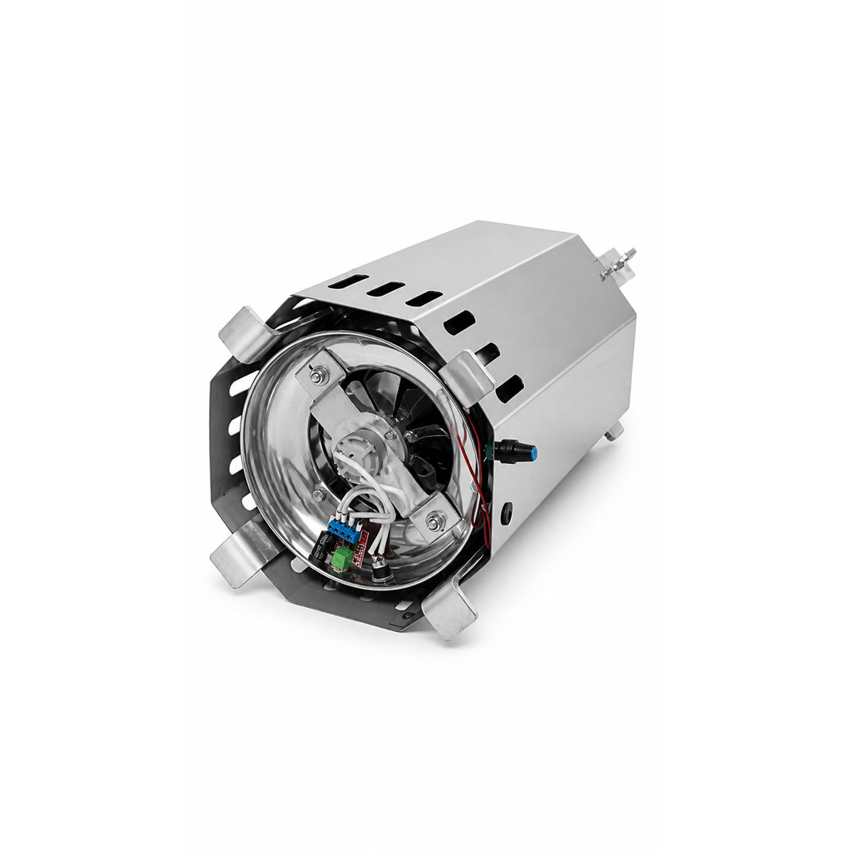 DAKSHOR Small Stove underside showing the fan motor and speed-control components